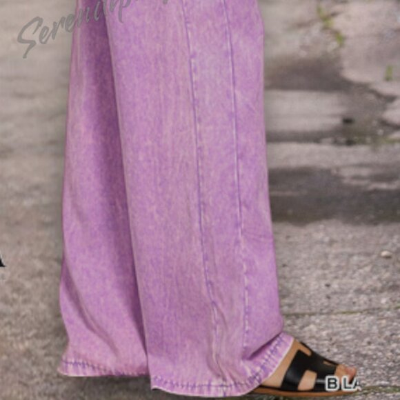 Baggy Fit Comfy Wide Leg Mineral Wash Sustainable Tencel Elastic Waist Pants - Picture 4 of 7